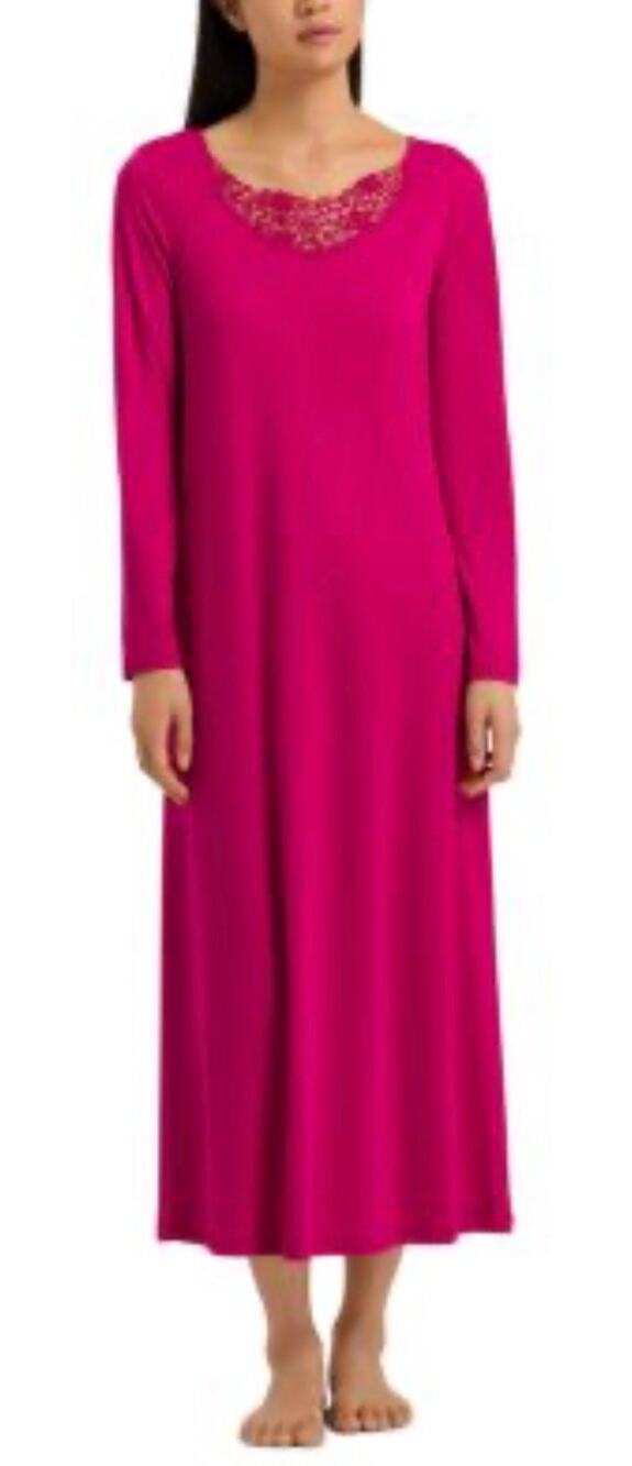HANRO Michelle Cotton Lace Trim Nightgown Fuchsia Long Sleeve Size Small